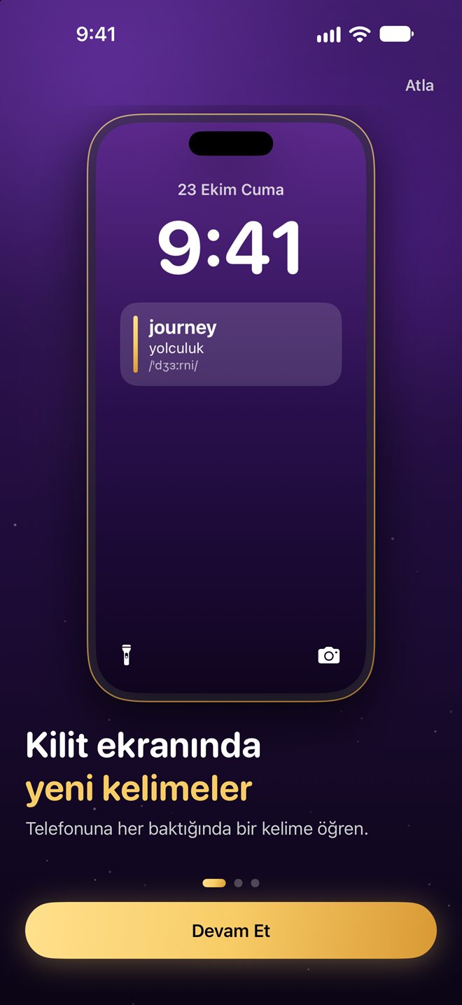 Kilit ekranında LearnSimply widget'ı: journey – yolculuk